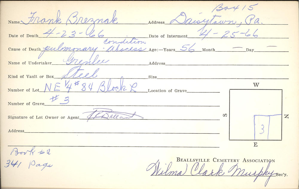 Frank Breznak burial card